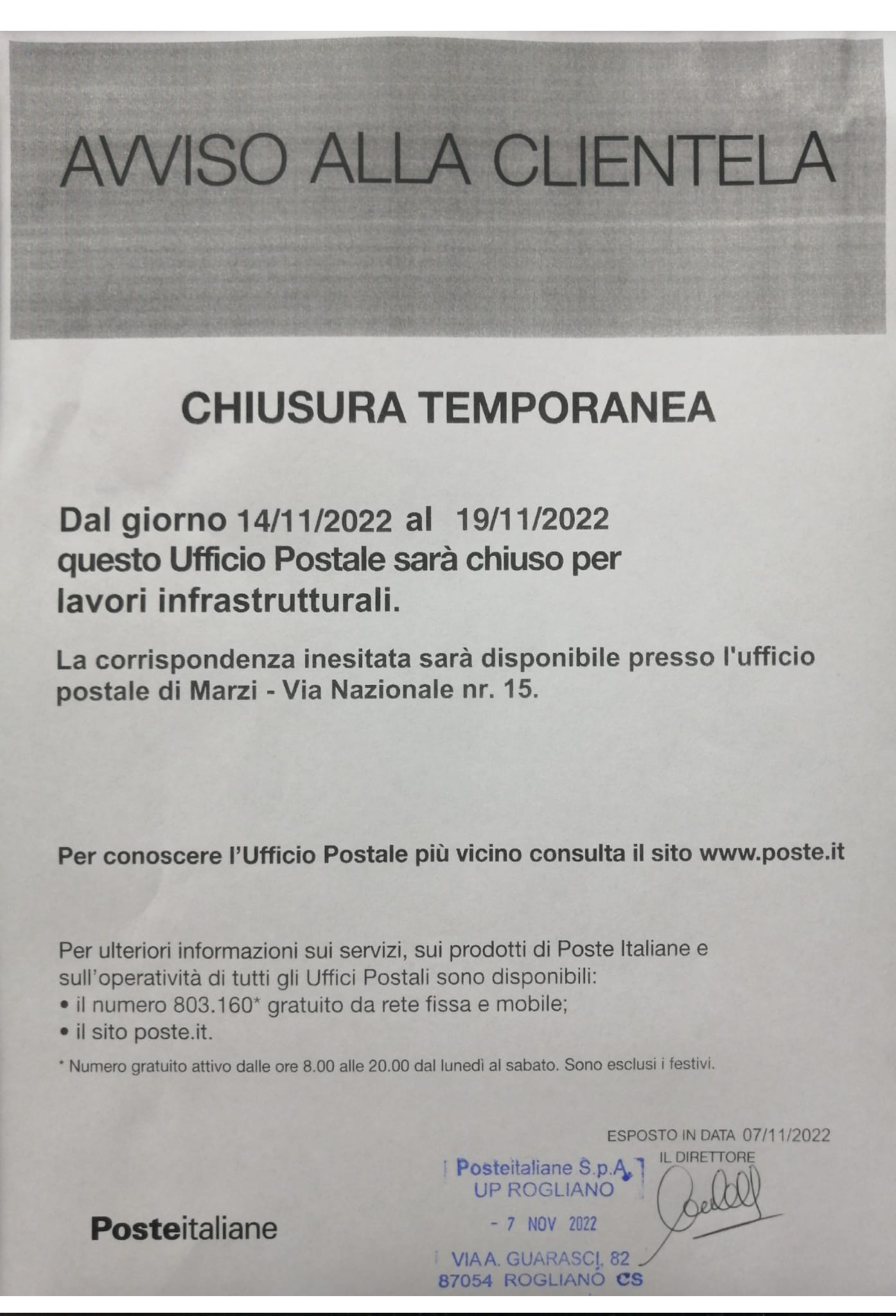 Avviso chiusura temporanea Ufficio postale di Rogliano